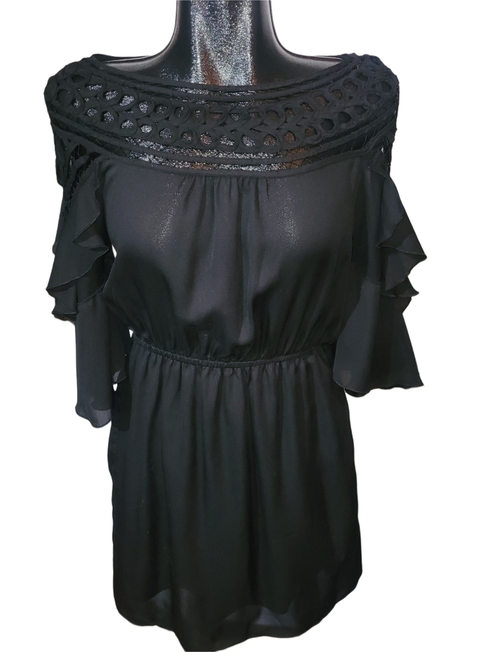 Black Boat Neck Crochet Yoke Mid-length Dress Size S